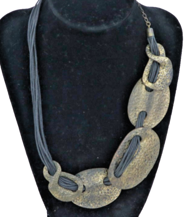 Boho Hammered Brass Tone Statement Necklace Multi Strand Cord Tribal Artisan