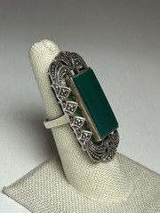 Huge Vintage Art Deco 925 Sterling Silver Green Marcasite Gemstone Ring