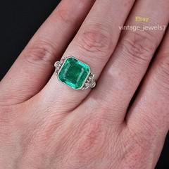 Real Green Emerald 4CT Asscher Cut Vintage Wedding Ring 14K White Gold Finish