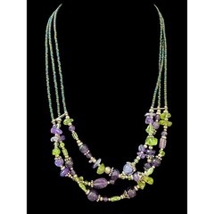 Vintage Sterling Silver Amethyst Peridot Triple Strand Beaded Necklace 17.75”