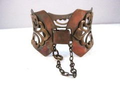 Vintage Wide Copper and Brass Art Nouveau Style Bracelet with Safety Chain