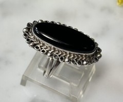 Vtg MEXICO Sterling Silver Black Onyx Large Oval Cabochon Split Band Ring Sz 6