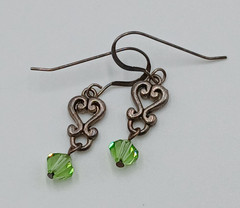 VTG 925 Green Bicone Crystal Earrings 1.25in Drop Sterling Silver Heart Scroll
