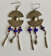 Vintage Lapis Silver Tone Dangling Earrings Large 3.5in Red Black Beads 9.84g