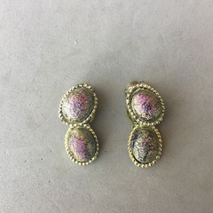 Iridescent Purple Peacock Glass Cabochon Earring Vintage Mid Century Modern Oval