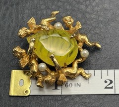 Vintage Jeanne Brooch Cherub Angel Marbled Swirl Yellow Rhinestone Nouveau Style