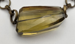 Vintage Olive Green Faceted Glass Pendant Necklace Brass Rolo Chain 19 In