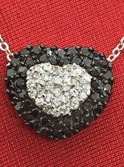 Vintage Silver tone Black Onyx & Clear Cubic Zirconia Pave Heart Necklace
