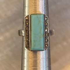 Vintage Sterling Silver Rectangle Marcasite Frame Turquoise Ring Size 7
