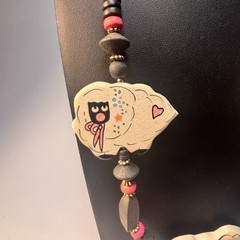 Vintage Necklace Lot Eclectic Kid Core Chunky Wood Beads Sheep Pink