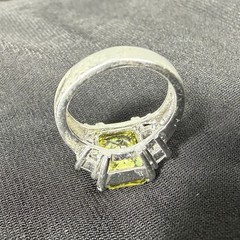 Vtg Y2K 925 Silver Emerald Cut Ring Sz 6.25 CZ Trilogy Yellow Stone Glam