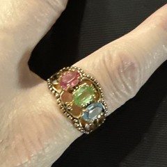 Vintage Pastel Blue Pink Green Costume Ring Gold Electroplate Marked SETA Sz 10