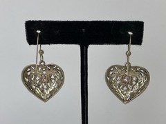 Sterling Silver 925 Jezlaine filigree Heart Pink Stone Dangle Earrings 1.5″