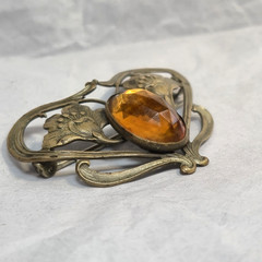 Antique Art Nouveau Pressed Metal Brooch Facetted Cabachon Floral Heart Shape