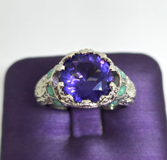 Faux Purple Amethyst Green Opal Filigree Silver Cocktail Ring Marked 925 SZ 7.25