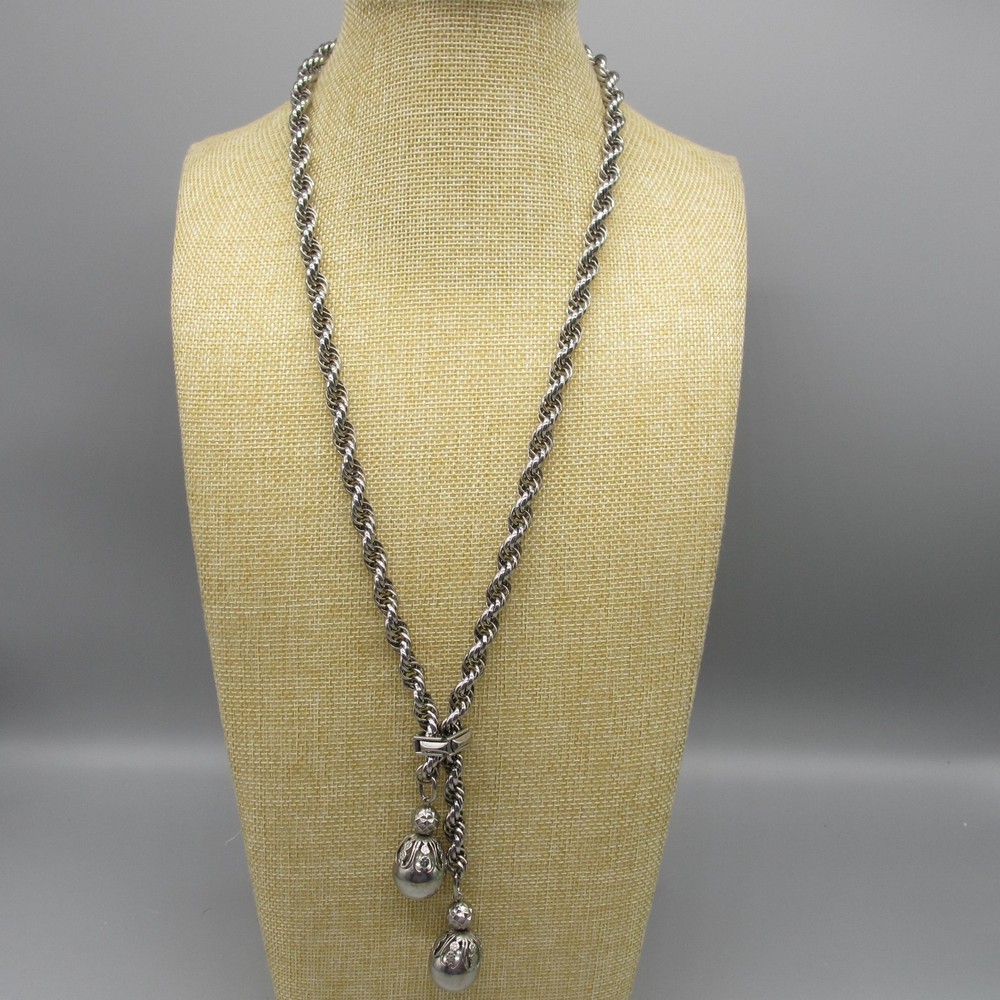 Vintage Ball Tassel Necklace Silver Tone Adjustable Slide 26 Inch