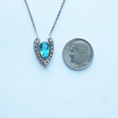 14K White Gold Blue Aquamarine Diamond Artistic Pendant Necklace, 18 Inch Chain