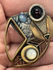 Signed Art Craft Modern Mixed Metal Brooch With Gemstone 1 3/4″