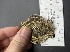 Damascene Brooch Black Gold Tone Vintage Trombone Clasp Filigree Bird Floral 2”L