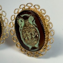 Lewis Segal Earrings Clip On Gold Tone Glass Grecian Urn Vase Cameo 1960s