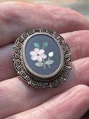 Antique 800 Silver Pietra Dura Floral Mosiac Filigree Oval Brooch