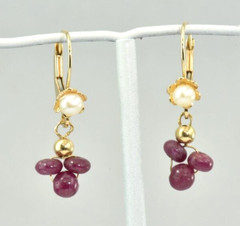 Vintage 14k Gold Earrings Japan Cultured Pearl Natural Ruby Dangles Lever Back