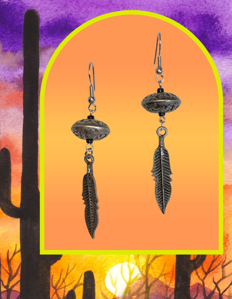 Vintage Silver Southwest Feather Dangle Earrings Oxidized USA Made 2.8″ 8441