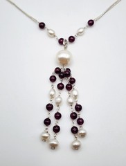 Vintage Sterling Silver 10mm Pearl Rhodolite Garnet Beaded Tassel Necklace 19″