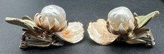 Vintage Signed Vendome Enamel Flower Brooch Faux Pearl Clip On Earrings Dogwood