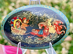 VTG Russian Wooden Lacquer Hand Painted Troika Brooch Pin Made in USSR Signed 2″