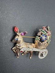 Vintage Donkey Flower Cart Rhinestone Brooch Pin J110