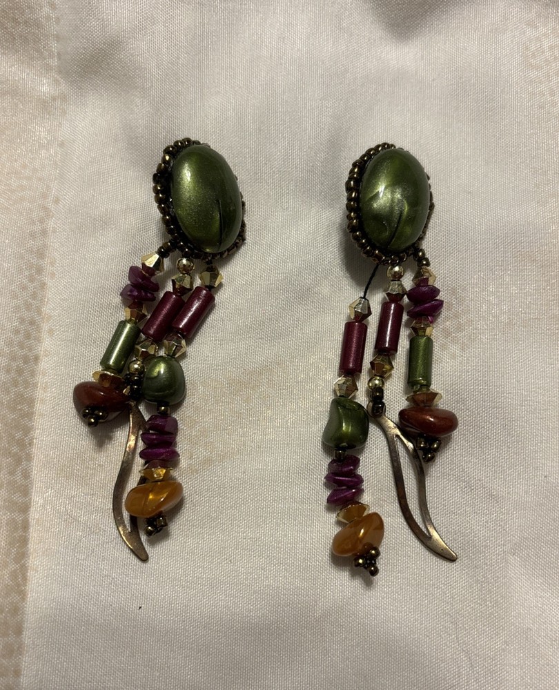VINTAGE BOHO EARRINGS SOUTHWESTERN TRIBAL LEATHER BACKED DANGLE Drop