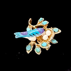 Signed Swoboda Blue Bird on Nest & Turquoise Stones Brooch Vintage