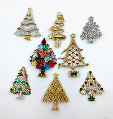 Vintage to Modern Rhinestone CHRISTMAS TREE Pin Brooch Lot of 8