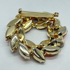 Rhinestone Wreath Brooch Marquise Frosted Red Amber Orange Gold‑Tone Mid‑Century