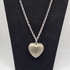 Vintage Puffy Heart Pendant Necklace Silver Tone Signed VCLM Long Chain 32in
