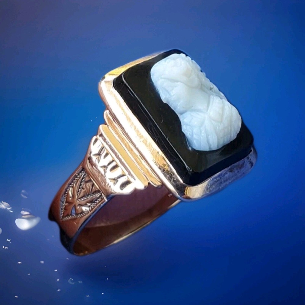 Antique Victorian 14K GOLD Deco Ring Hard Stone High Relief Onyx Portrait Cameo