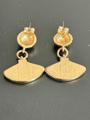 Vintage Gold Tone MOP Look Fan Dangle Pierced Earrings Pink Rhinestone