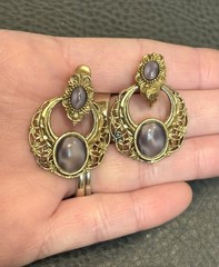1928 Vintage 80s 90s DOOR KNOCKER Purple Marbled Cabochons Filigree EARRINGS