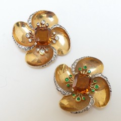Pair of MAZER Deco Floral Pin Clips ( 2 ) Fur Clip Topaz Rhinestone Center