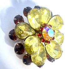 AB Rhinestone Brooch Pin Yellow & Brown Prong Set Gold Tone Floral Statement 2.5
