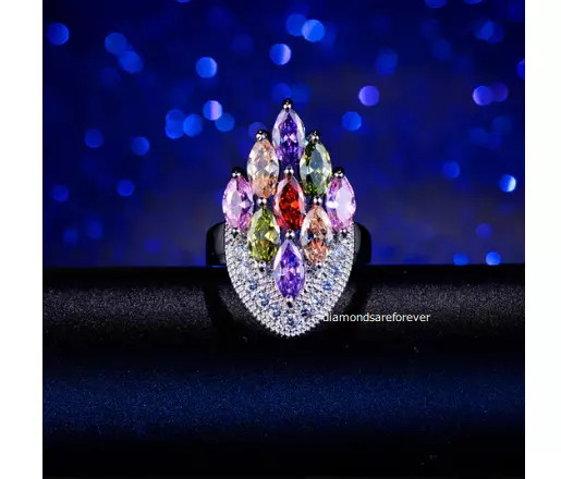 Marquise Shape Multi Color Gemstones & White Moissanite Cluster Ring 925 Sliver