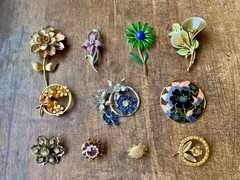 Vintage Flower Brooch Lot #4, 11 Pieces, Enamel Rhinestone Cloisonne Wear/Resell