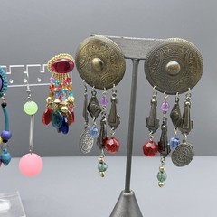 VTG 80s Post Earrings Dangle Metal Tassel Multi Color Acrylic Beads Blue Purple