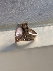 VTG SterlingSilver FAS Marcasite Amethyst Shield RingS6.5 February Birthstone