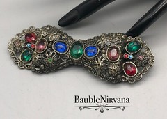 Vintage Silver Flowers Filigree Multi Color Jeweled Glass Stones Bow Pin Brooch