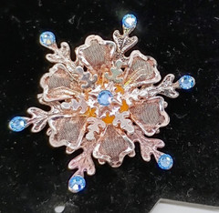 Vintage Gold Tone Blue Rhinestone Snowflake Brooch 2″