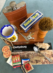 Vntg. Junk Drawer Lot Cigar Box Bakelite Brush,Flask,Pep Boy’s Matches Spoons —
