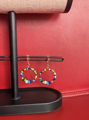 Vintage Dangle Hoop Clip Multicolor Beaded Drop EARRINGS Gold Tone