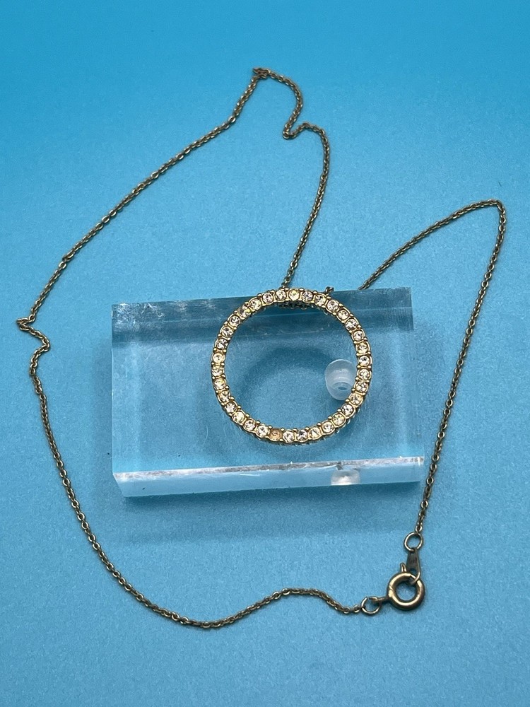 Vintage Gold Tone Open Circle Pendant Necklace Rhinestone Slide Chain 1980s
